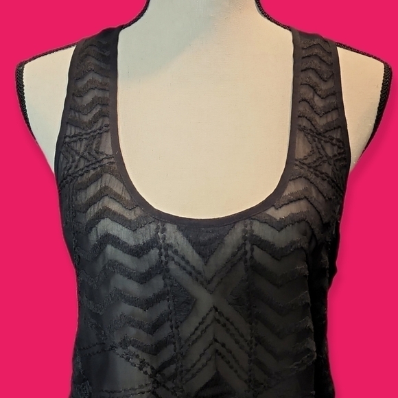 PAIGE Silk Sheer Embroidered Tank Top Black Geometric Overlay Top Large - Picture 1 of 6